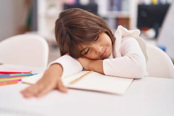 Adorable Hispanic Girl Student Leaning Book Sleeping Classroom — Stockfoto