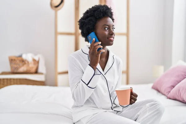 Young African American Woman Talking Smartphone Drinking Coffee Bedroom — Photo