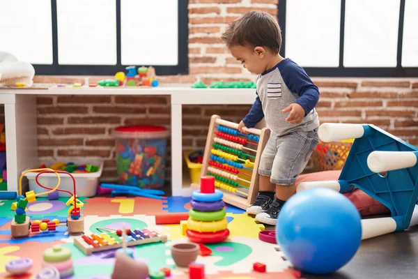 Adorable Hispanic Toddler Standing Serious Expression Kindergarten — Stock Photo, Image