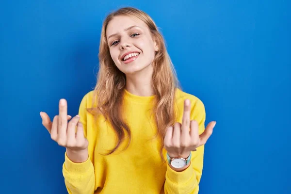 Young Caucasian Woman Standing Blue Background Showing Middle Finger Doing —  Fotos de Stock