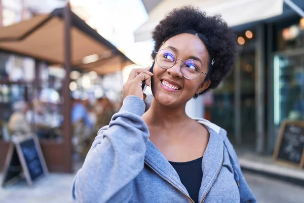 African American Woman Smiling Confident Talking Smartphone Coffee Shop Terrace — Stockfoto