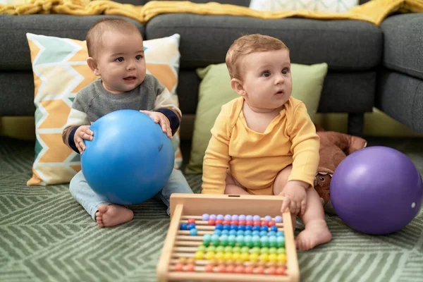 Two Toddlers Playing Balls Abacus Sitting Floor Home — Stock Photo, Image