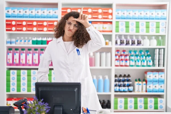 Hispanic Woman Curly Hair Working Pharmacy Drugstore Making Fun People — Stock Photo, Image