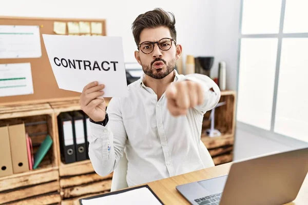 Young Man Beard Holding Contract Paper Office Pointing Finger Camera — Fotografia de Stock