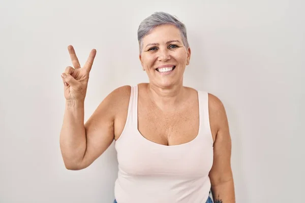 Middle Age Caucasian Woman Standing White Background Showing Pointing Fingers — Stock Photo, Image