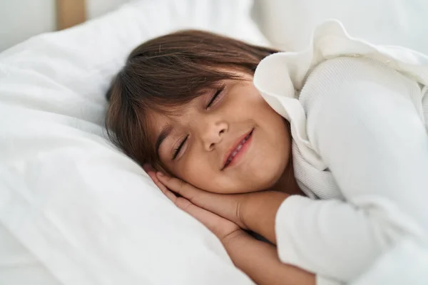 Adorable Hispanic Girl Lying Bed Sleeping Bedroom — Stock Photo, Image