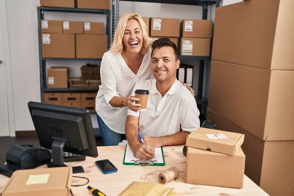 Middle Age Man Woman Business Partners Drinking Coffee Working Storehouse — Foto de Stock