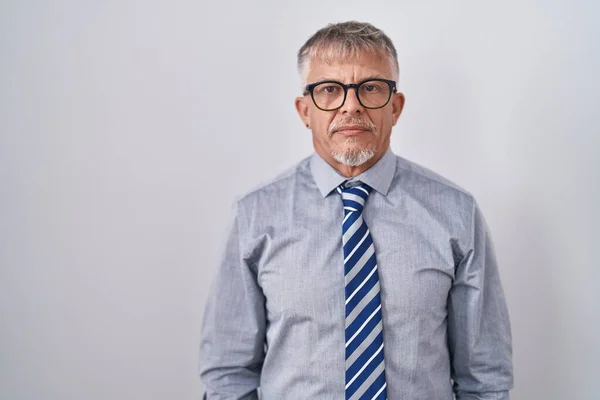 Hispanic Business Man Grey Hair Wearing Glasses Relaxed Serious Expression — Stockfoto