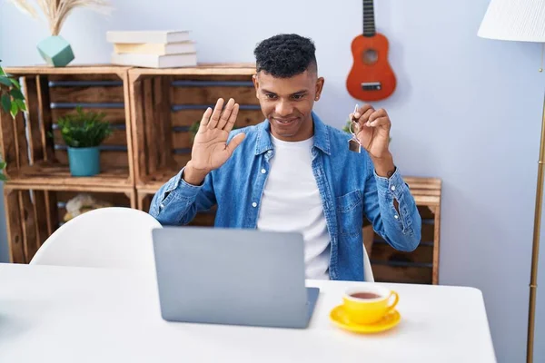 Young Hispanic Man Holding Keys New Home Doing Video Call — Stock Photo, Image