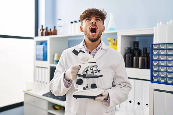 Arab Man Beard Working Scientist Laboratory Holding Microscope Angry Mad — Foto de Stock