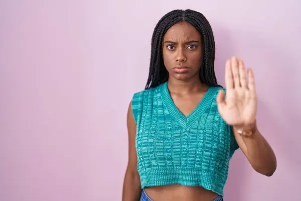 Young African American Braids Standing Pink Background Doing Stop Sing — 图库照片