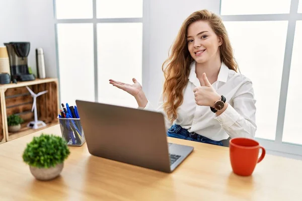 Young Caucasian Woman Working Office Using Computer Laptop Showing Palm — 图库照片