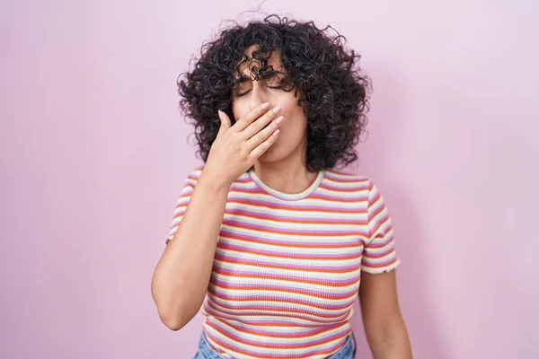 Young Middle East Woman Standing Pink Background Bored Yawning Tired — Foto Stock