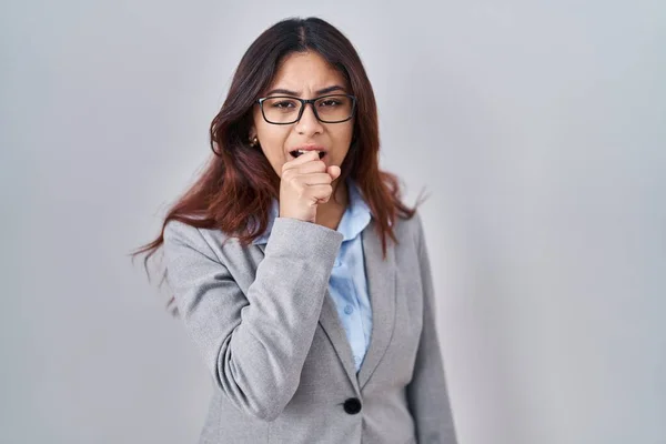 Hispanic Young Business Woman Wearing Glasses Feeling Unwell Coughing Symptom — Foto de Stock