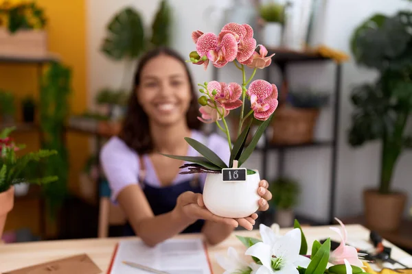 Young African American Woman Florist Smiling Confident Holding Plant Flower — Fotografia de Stock