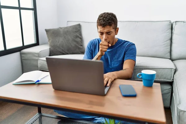 Young Handsome Hispanic Man Using Laptop Sitting Floor Feeling Unwell — Photo