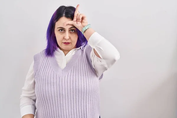 Size Woman Wit Purple Hair Standing White Background Making Fun — Zdjęcie stockowe