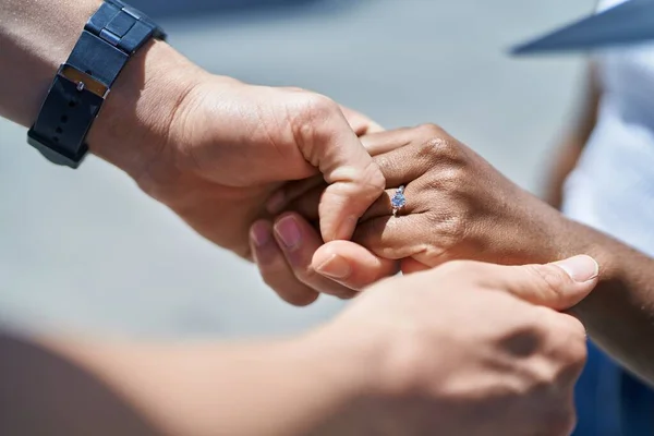 Man Woman Interracial Couple Hands Together Showing Egagement Ring Street — Φωτογραφία Αρχείου