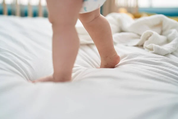Adorable Caucasian Baby Walking Bed Bedroom — Stock Photo, Image