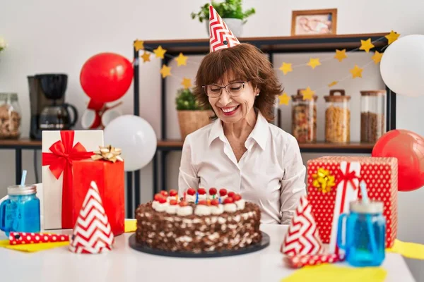 Middle Age Woman Celebrating Birthday Holding Big Chocolate Cake Looking — Fotografia de Stock