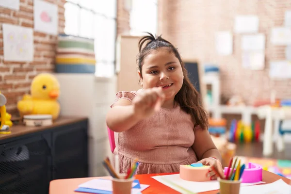 Size Hispanic Girl Playing Toy Holding Color Pencil Kindergarten — Stockfoto