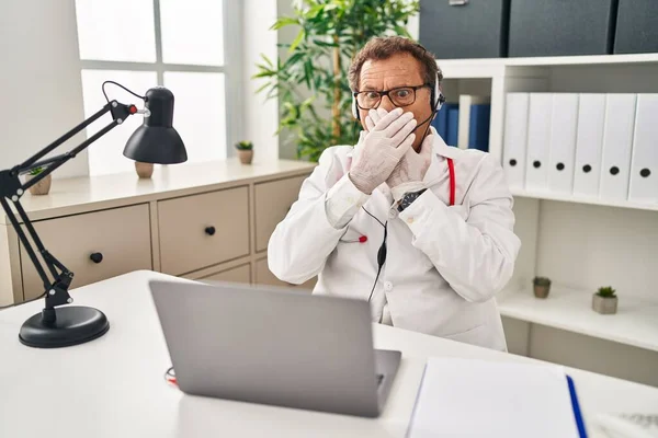 Senior Doctor Man Working Online Appointment Shocked Covering Mouth Hands — Stock Photo, Image