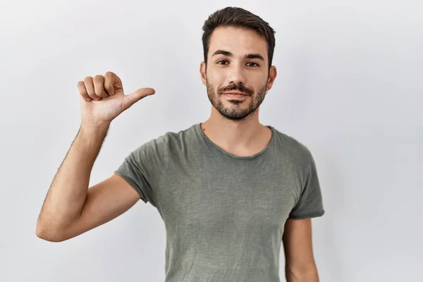 Young Hispanic Man Beard Wearing Casual Shirt White Background Showing — Stok fotoğraf