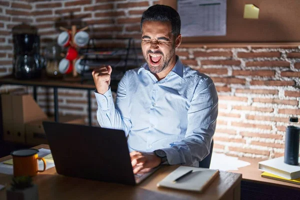 Hispanic Man Beard Working Office Night Very Happy Excited Doing — Fotografia de Stock