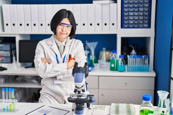 Young Asian Woman Working Scientist Laboratory Skeptic Nervous Disapproving Expression — Stockfoto