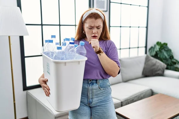 Young Redhead Woman Holding Recycling Wastebasket Plastic Bottles Feeling Unwell — Stock Photo, Image