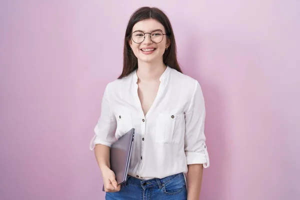 Young Caucasian Woman Holding Laptop Happy Cool Smile Face Lucky — Stockfoto