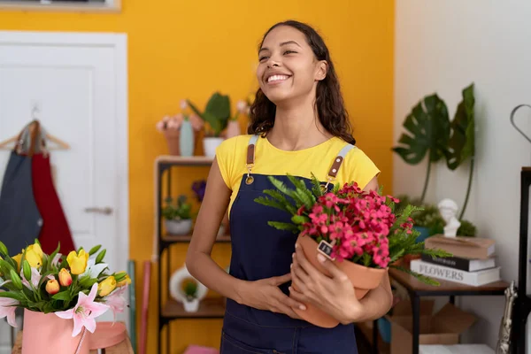Young African American Woman Florist Smiling Confident Holding Plant Flower — Photo