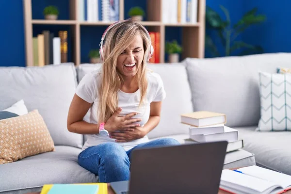 Young Blonde Woman Studying Using Computer Laptop Home Smiling Laughing — Stockfoto