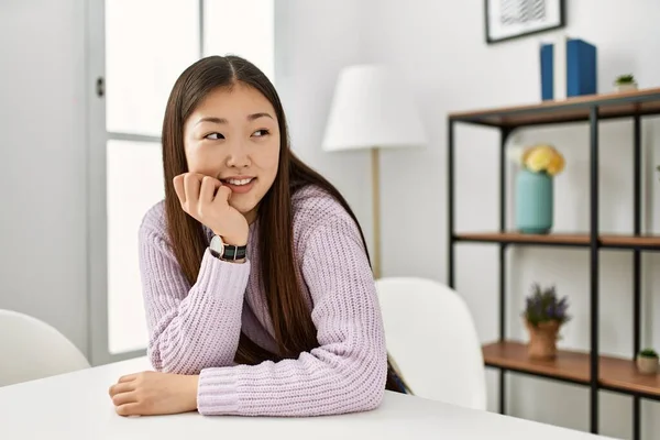 Young Chinese Girl Smiling Happy Sitting Table Home — Stock Photo, Image