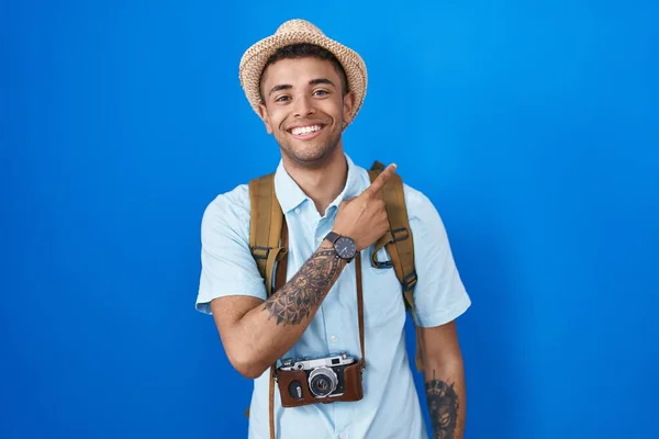 Brazilian Young Man Holding Vintage Camera Cheerful Smile Face Pointing —  Fotos de Stock