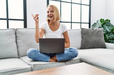 Young caucasian woman using laptop at home sitting on the sofa smiling happy pointing with hand and finger to the side 