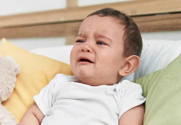 Adorable Hispanic Baby Sitting Bed Crying Bedroom — Stock Photo, Image