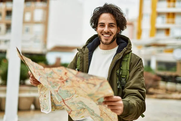 Handsome Hispanic Man Looking Travel Map City — Stock Photo, Image