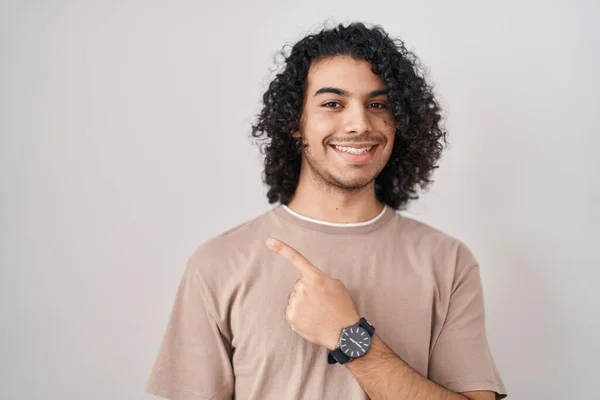 Hispanic Man Curly Hair Standing White Background Cheerful Smile Face — Stock Photo, Image