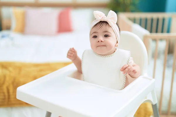 Adorable Toddler Sitting Highchair Bedroom — Stock Photo, Image