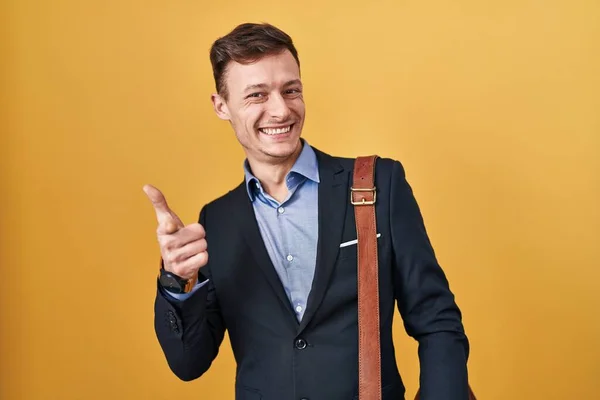 Caucasian Business Man Yellow Background Pointing Fingers Camera Happy Funny — Stock Photo, Image