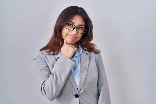 Hispanic Young Business Woman Wearing Glasses Hand Chin Thinking Question — Stok fotoğraf