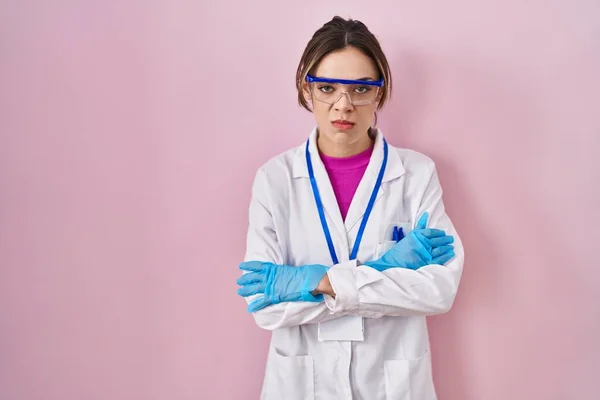 Hispanic Woman Wearing Scientist Uniform Skeptic Nervous Disapproving Expression Face — Zdjęcie stockowe
