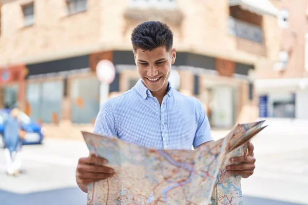 Young Hispanic Man Smiling Confident Holding City Map Street — Stockfoto