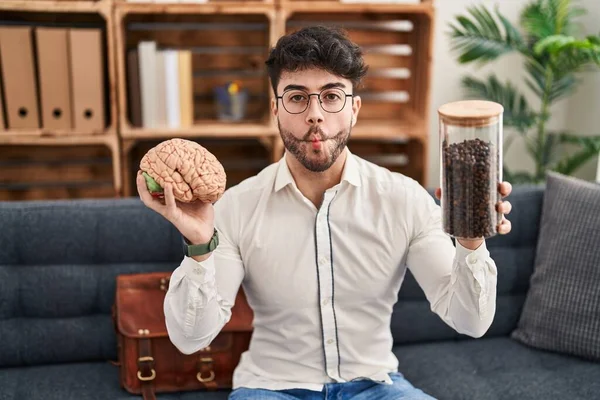 Hispanic Man Beard Working Therapy Office Holding Brain Coffee Beans — Stock Photo, Image