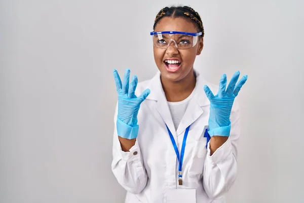 African American Woman Braids Wearing Scientist Robe Crazy Mad Shouting — Zdjęcie stockowe