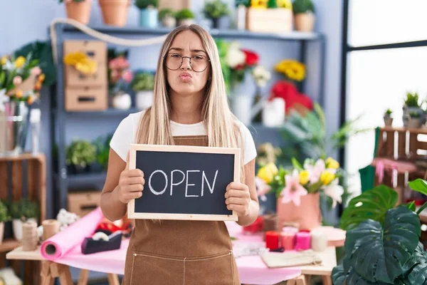 Young Blonde Woman Working Florist Holding Open Sign Looking Camera — Stockfoto