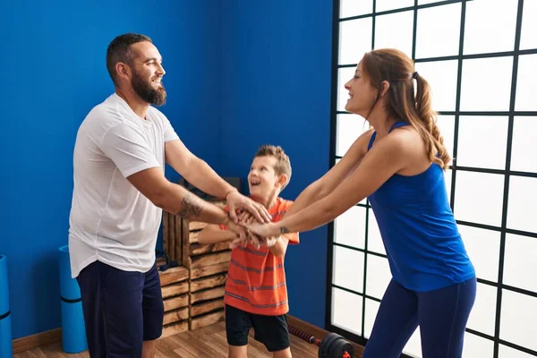 Family Smiling Confident Hands Together Sport Center — 스톡 사진