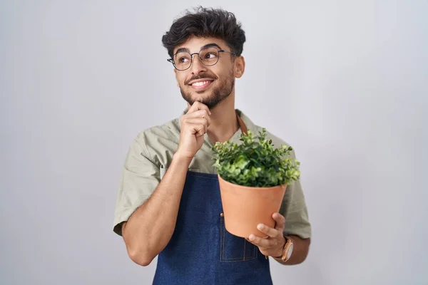 Arab Man Beard Holding Green Plant Pot Hand Chin Thinking — Stockfoto
