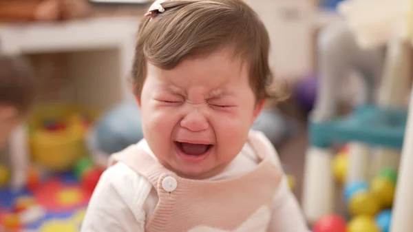 Adorable Toddler Sitting Floor Crying Kindergarten — Stock Photo, Image